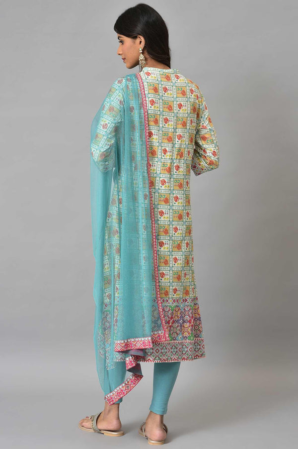 Ecru Printed Shirt kurta With Light Blue Tights And Dupatta