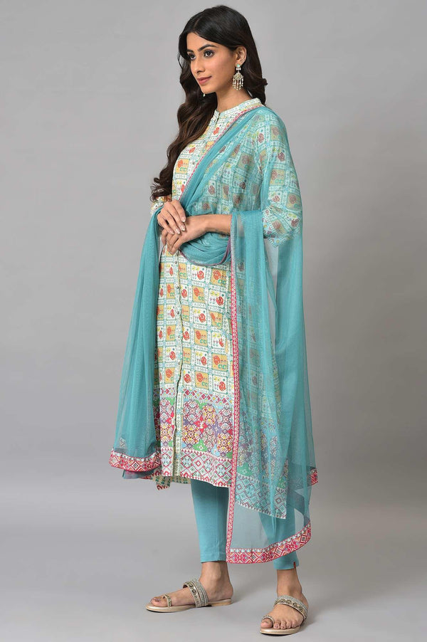 Ecru Printed Shirt kurta With Light Blue Tights And Dupatta