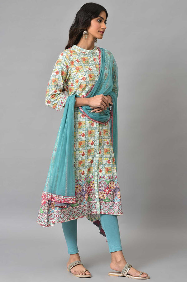 Ecru Printed Shirt kurta With Light Blue Tights And Dupatta