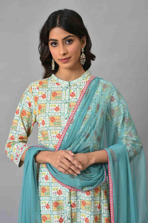 Ecru Printed Shirt kurta With Light Blue Tights And Dupatta
