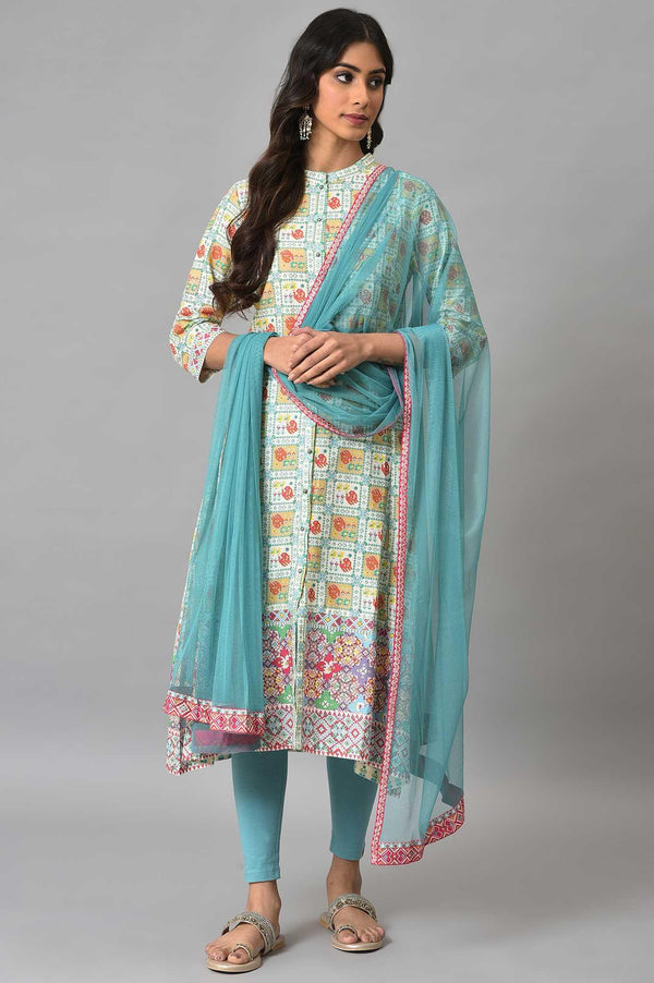Ecru Printed Shirt kurta With Light Blue Tights And Dupatta