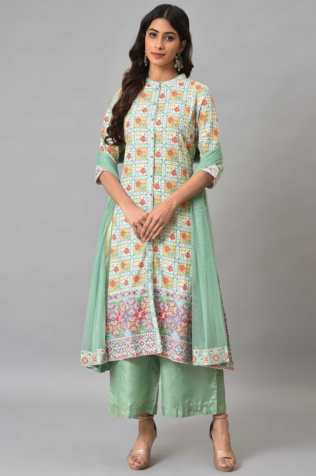 Ecru And Multicoloured Printed Flared kurta With Green Parallel Pants And Mesh Dupatta - XS