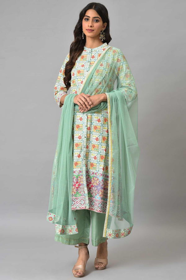 Ecru And Multicoloured Printed Flared kurta With Green Parallel Pants And Mesh Dupatta