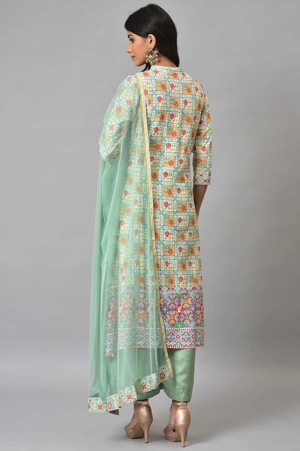 Ecru And Multicoloured Printed Flared kurta With Green Parallel Pants And Mesh Dupatta