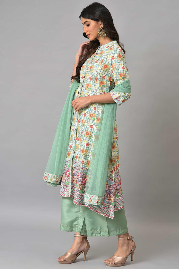 Ecru And Multicoloured Printed Flared kurta With Green Parallel Pants And Mesh Dupatta