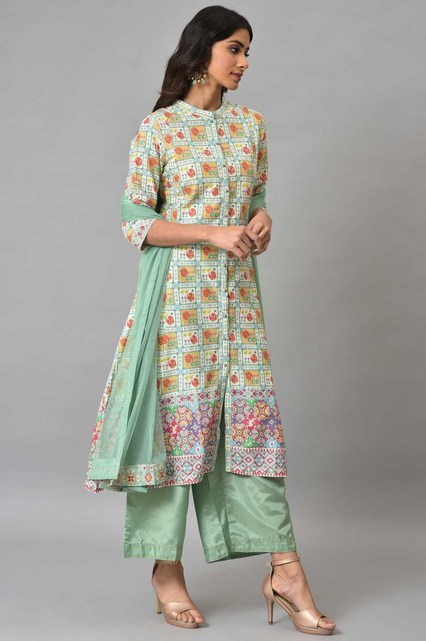 Ecru And Multicoloured Printed Flared kurta With Green Parallel Pants And Mesh Dupatta