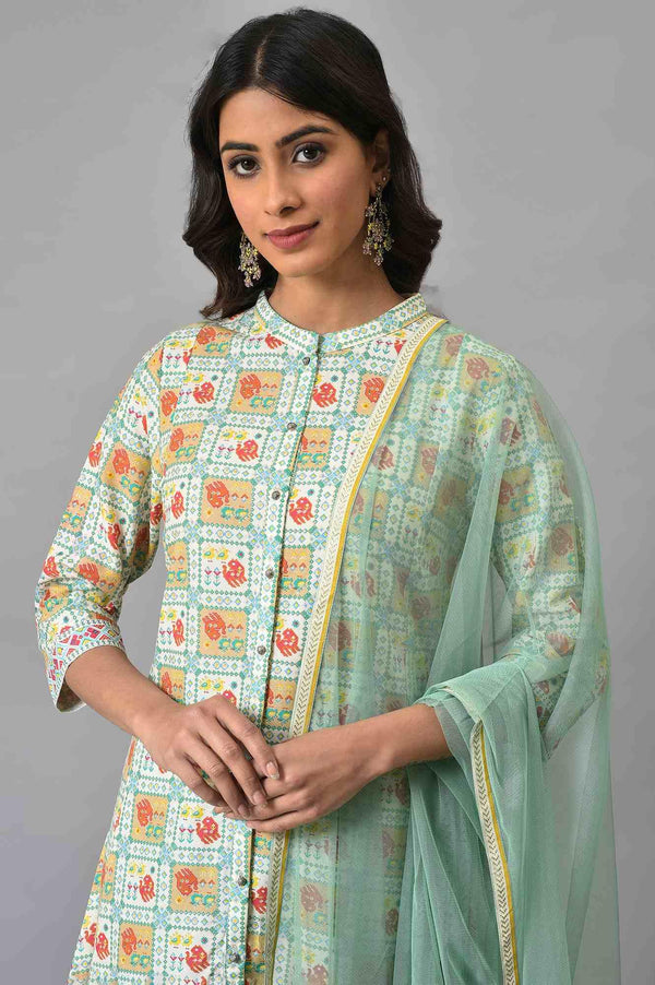 Ecru And Multicoloured Printed Flared kurta With Green Parallel Pants And Mesh Dupatta