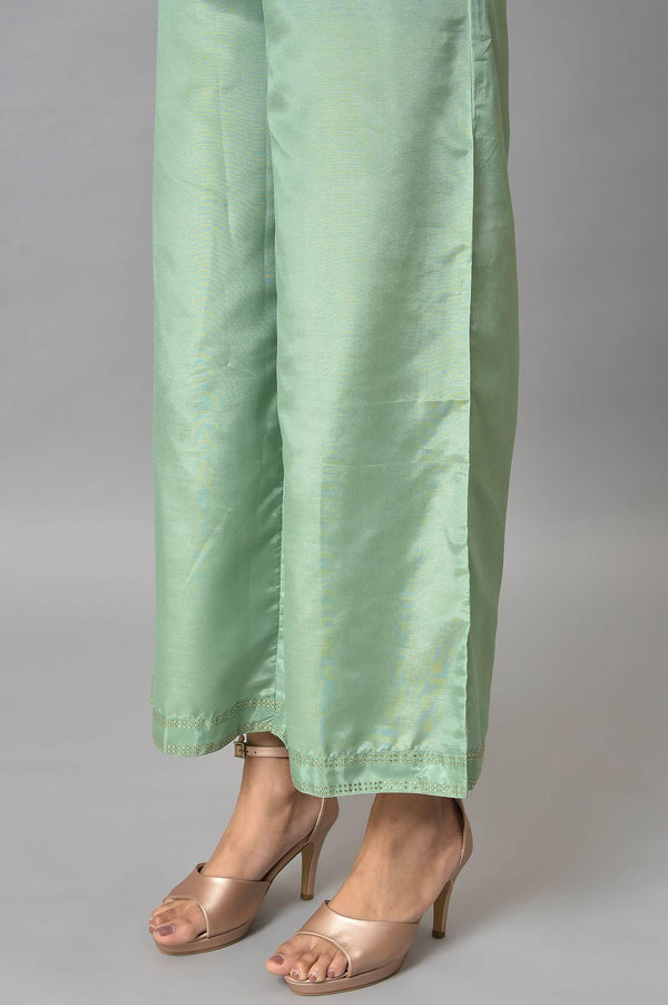 Ecru And Multicoloured Printed Flared kurta With Green Parallel Pants And Mesh Dupatta