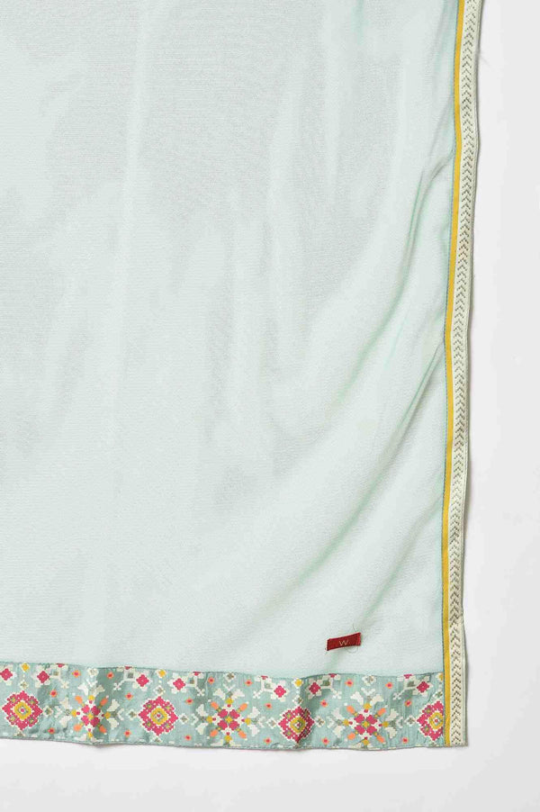 Ecru And Multicoloured Printed Flared kurta With Green Parallel Pants And Mesh Dupatta