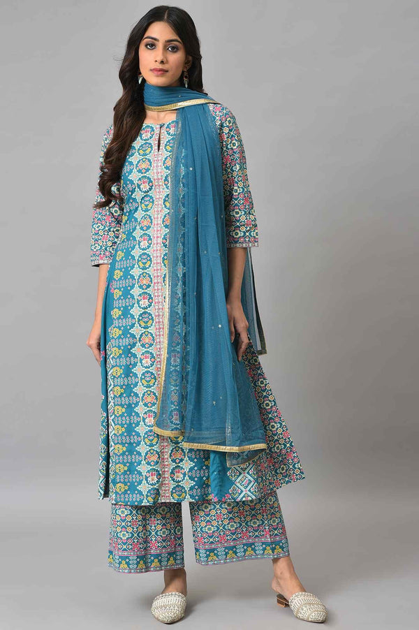 Blue Glitter Printed A-Line kurta With Parallel Pants And Mesh Dupatta