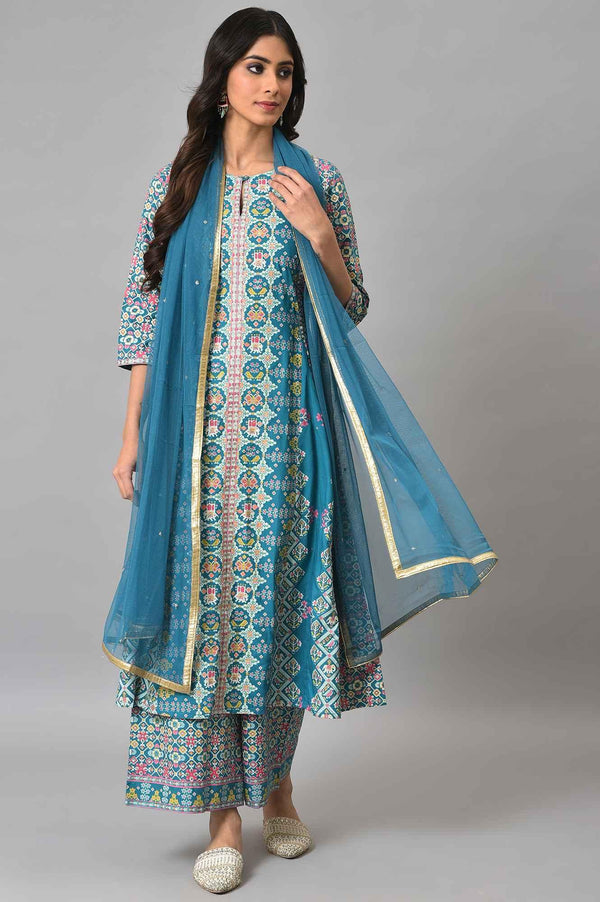 Blue Glitter Printed A-Line kurta With Parallel Pants And Mesh Dupatta