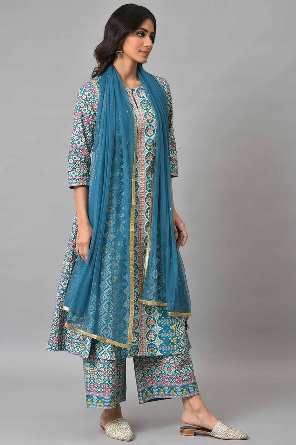 Blue Glitter Printed A-Line kurta With Parallel Pants And Mesh Dupatta