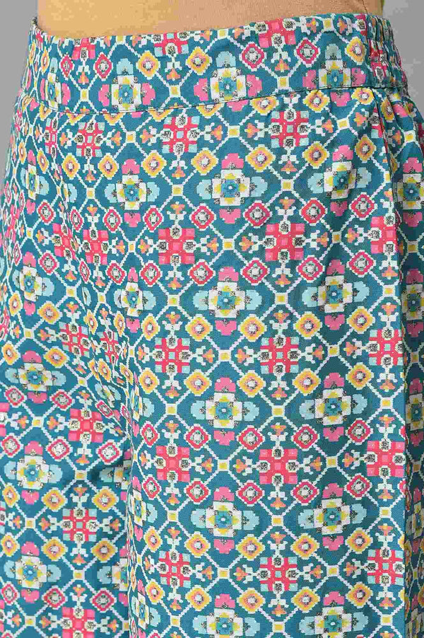 Blue Glitter Printed A-Line kurta With Parallel Pants And Mesh Dupatta