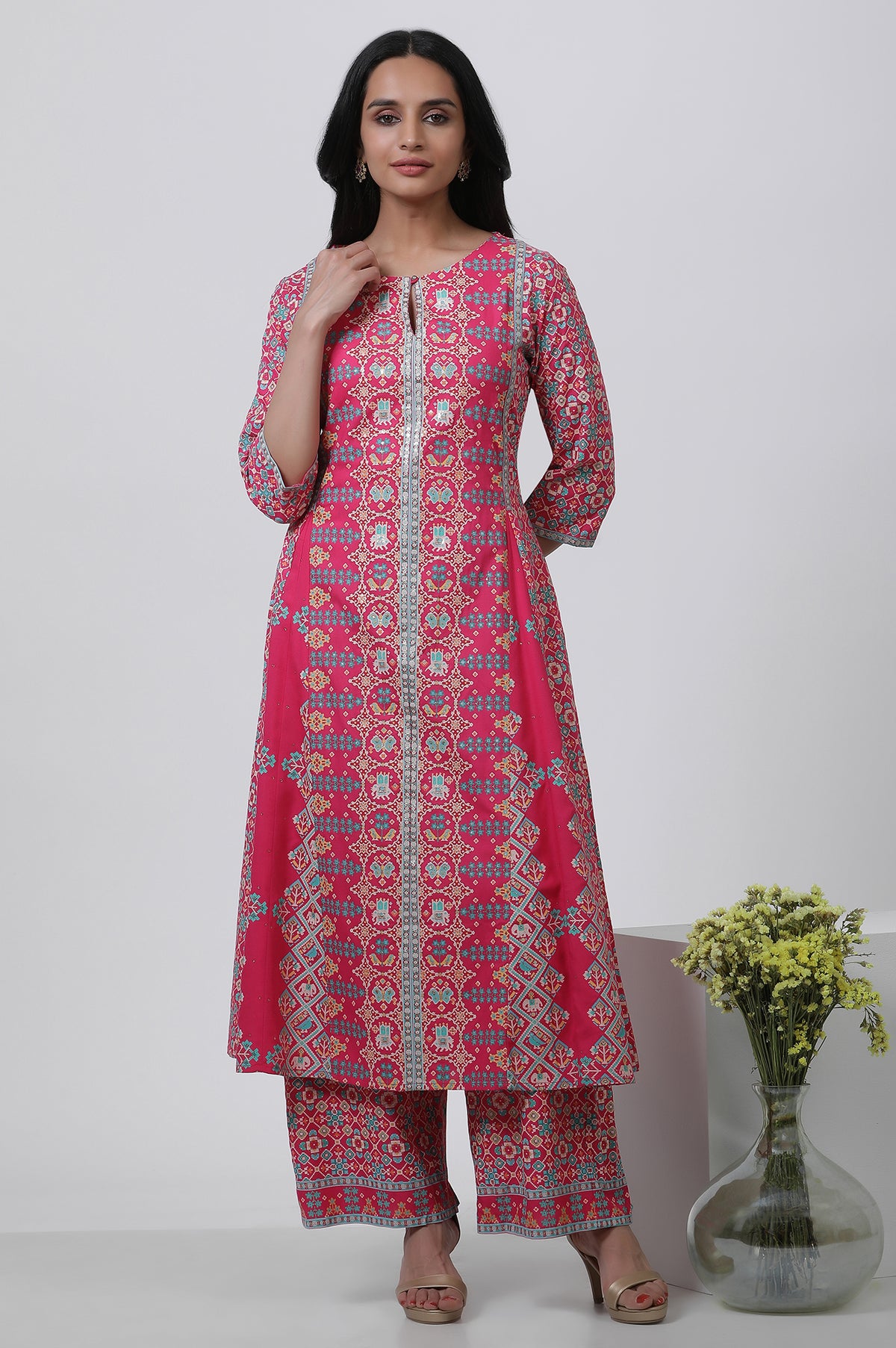 Dark Pink Printed A-Line Kurta And Parallel Pants Set - XS