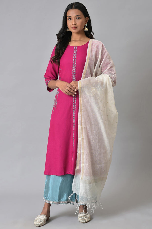 Dark Pink Embroidered kurta With Blue Parallel Pants And White Chanderi Dupatta