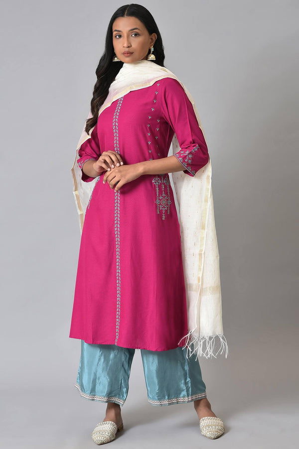 Dark Pink Embroidered kurta With Blue Parallel Pants And White Chanderi Dupatta