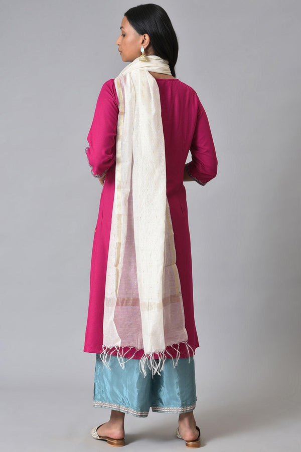 Dark Pink Embroidered kurta With Blue Parallel Pants And White Chanderi Dupatta
