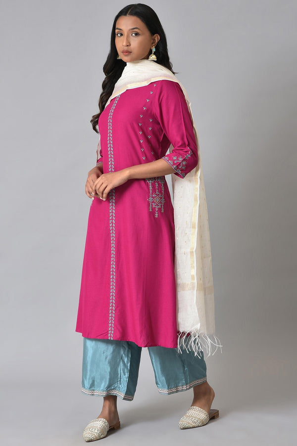 Dark Pink Embroidered kurta With Blue Parallel Pants And White Chanderi Dupatta