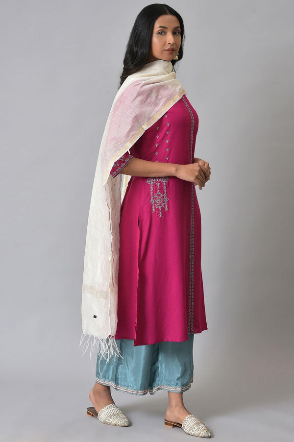 Dark Pink Embroidered kurta With Blue Parallel Pants And White Chanderi Dupatta