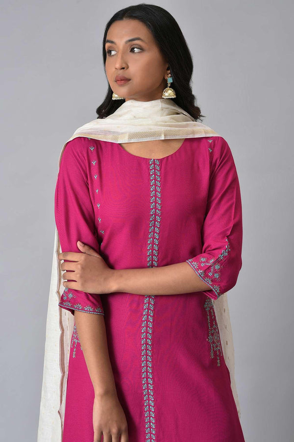 Dark Pink Embroidered kurta With Blue Parallel Pants And White Chanderi Dupatta