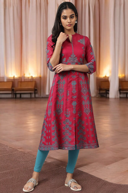 Dark Pink Geometric Printed Kota kurta with Inner and Blue Leggings Set
