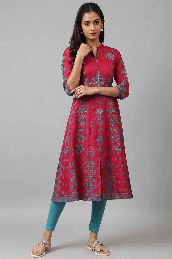 Dark Pink Geometric Printed Kota kurta with Inner and Blue Leggings Set