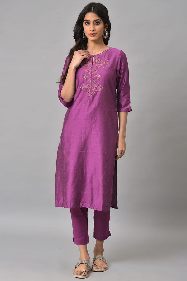 Purple Festive Shantung kurta With Slim Pants