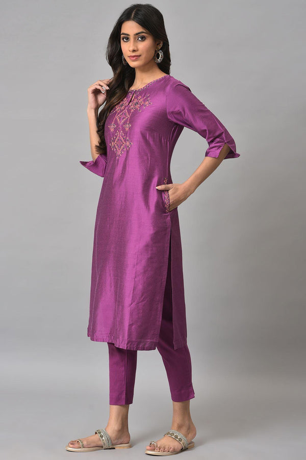 Purple Festive Shantung kurta With Slim Pants