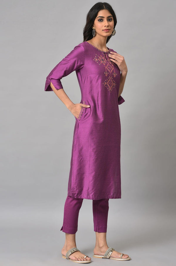 Purple Festive Shantung kurta With Slim Pants
