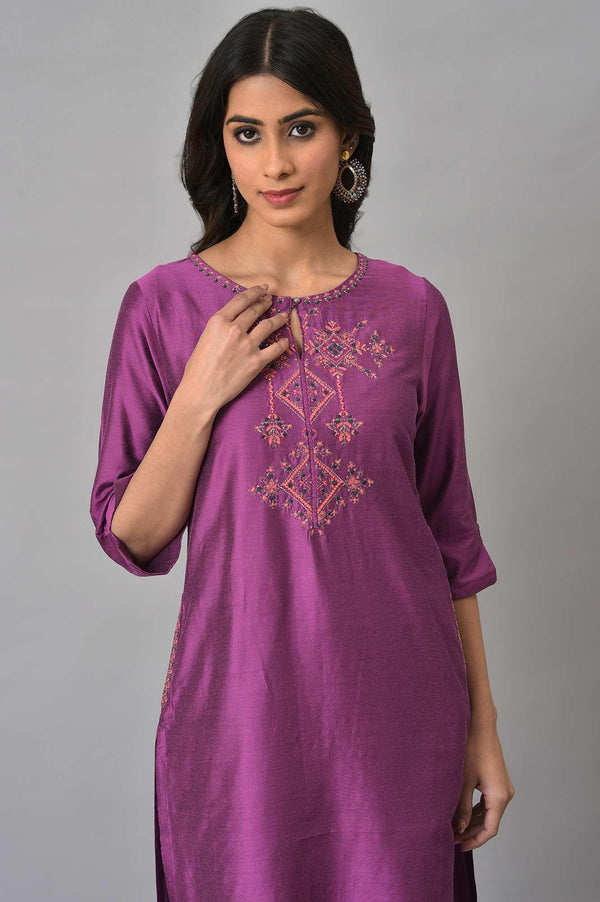 Purple Festive Shantung kurta With Slim Pants