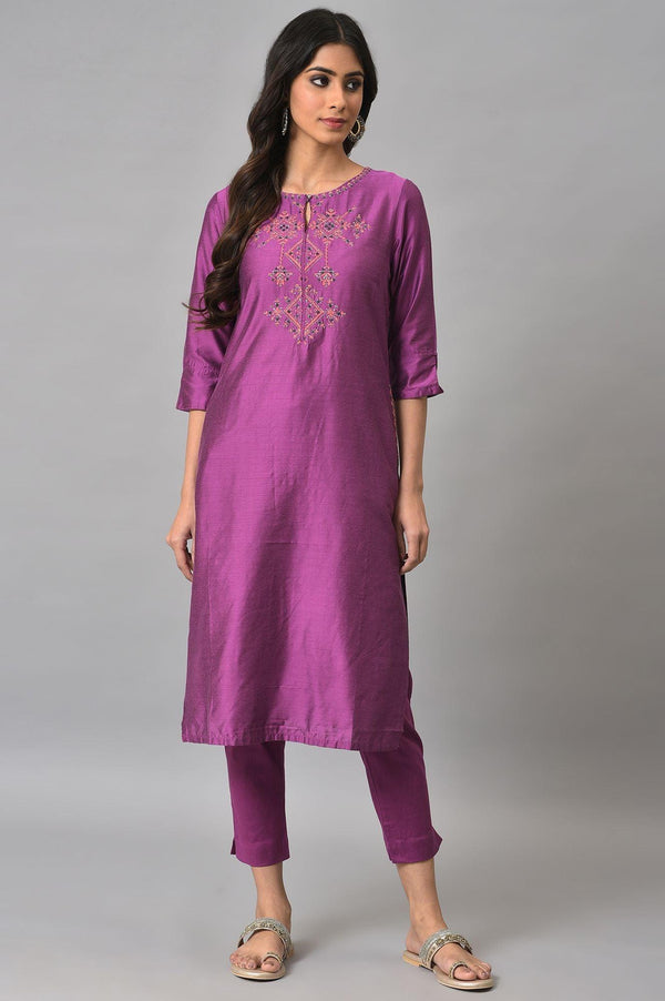 Purple Festive Shantung kurta With Slim Pants