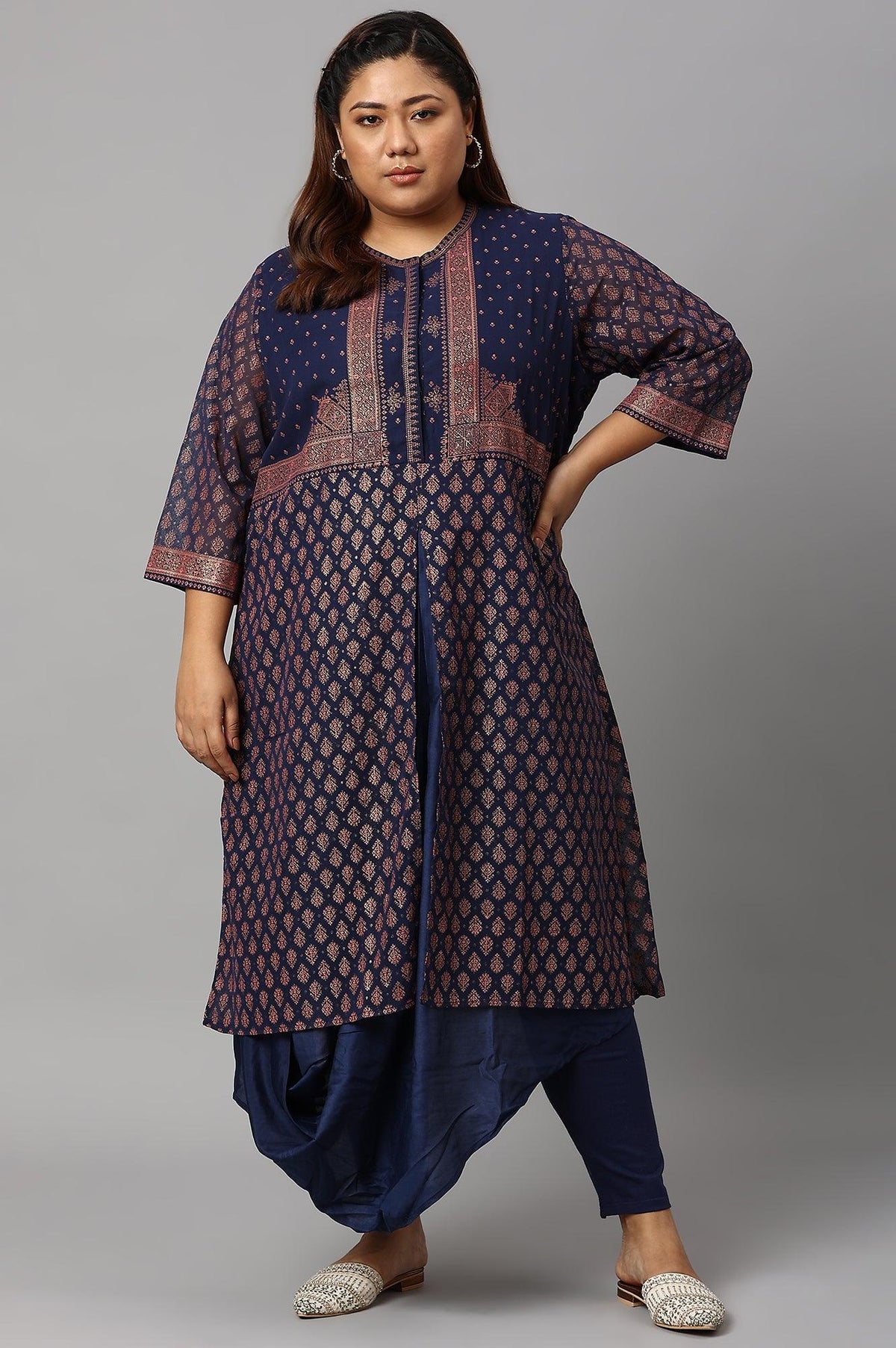 Plus Size Blue Printed A-Line Cowl kurta With Tights - XS