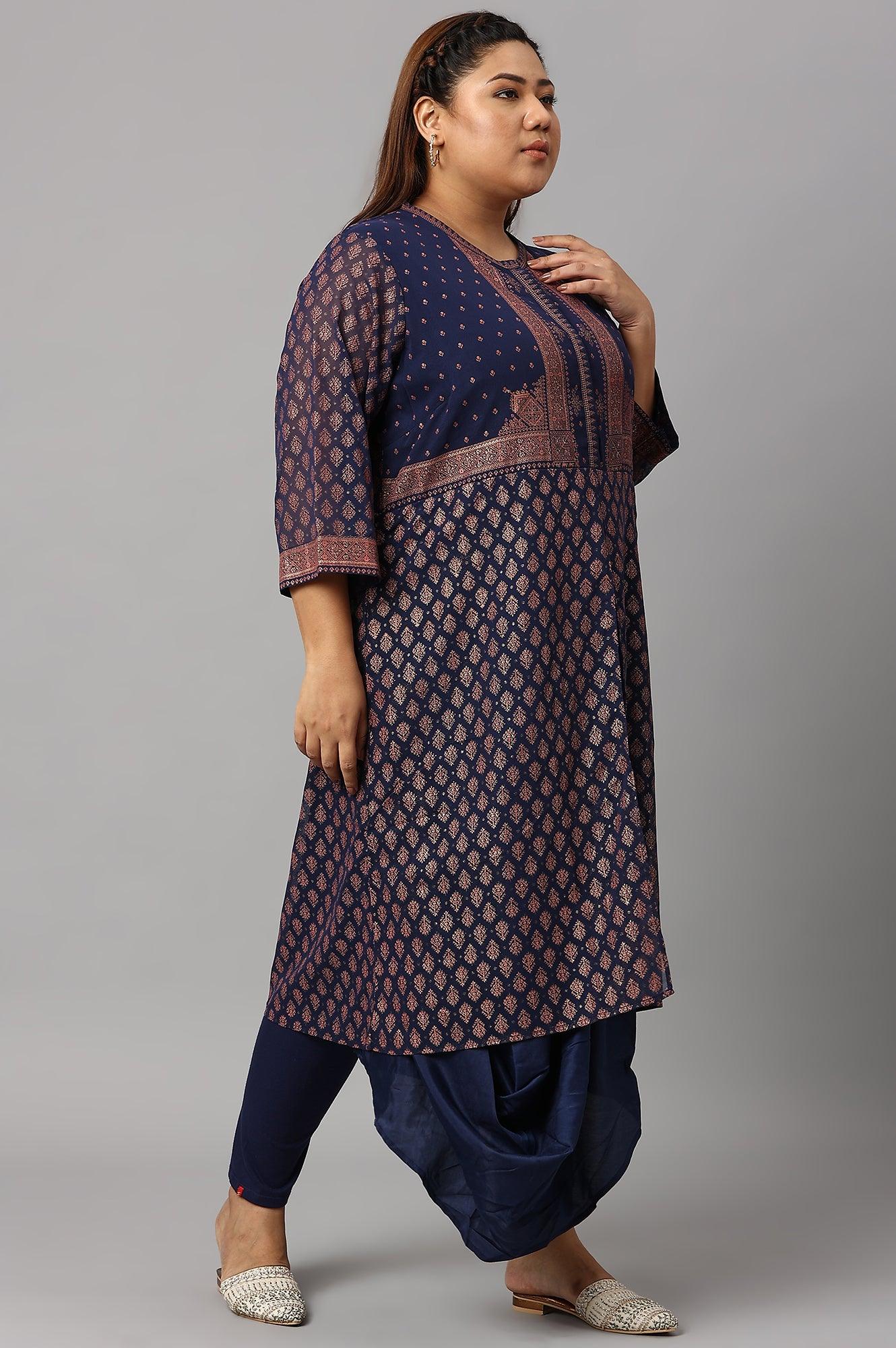 Plus Size Blue Printed A-Line Cowl kurta With Tights - wforwoman