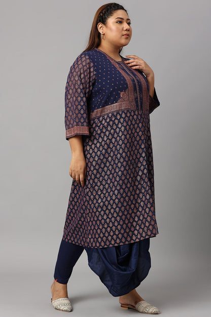 Plus Size Blue Printed A-Line Cowl kurta With Tights - wforwoman