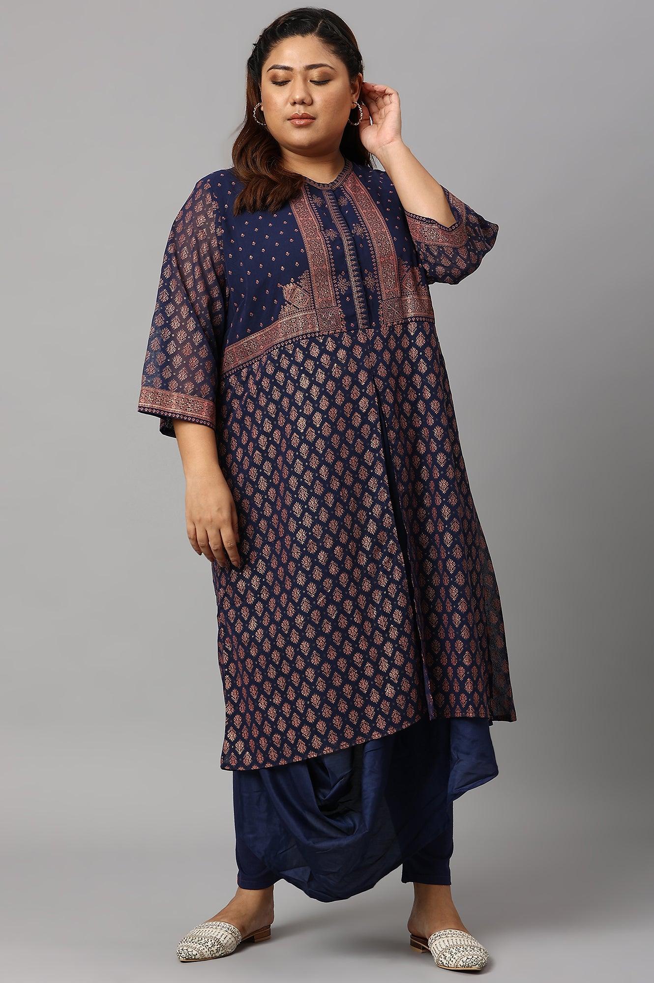 Plus Size Blue Printed A-Line Cowl kurta With Tights - wforwoman