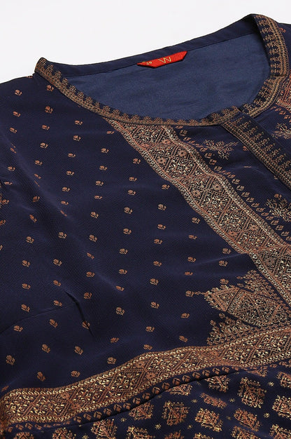 Plus Size Blue Printed A-Line Cowl kurta With Tights - wforwoman