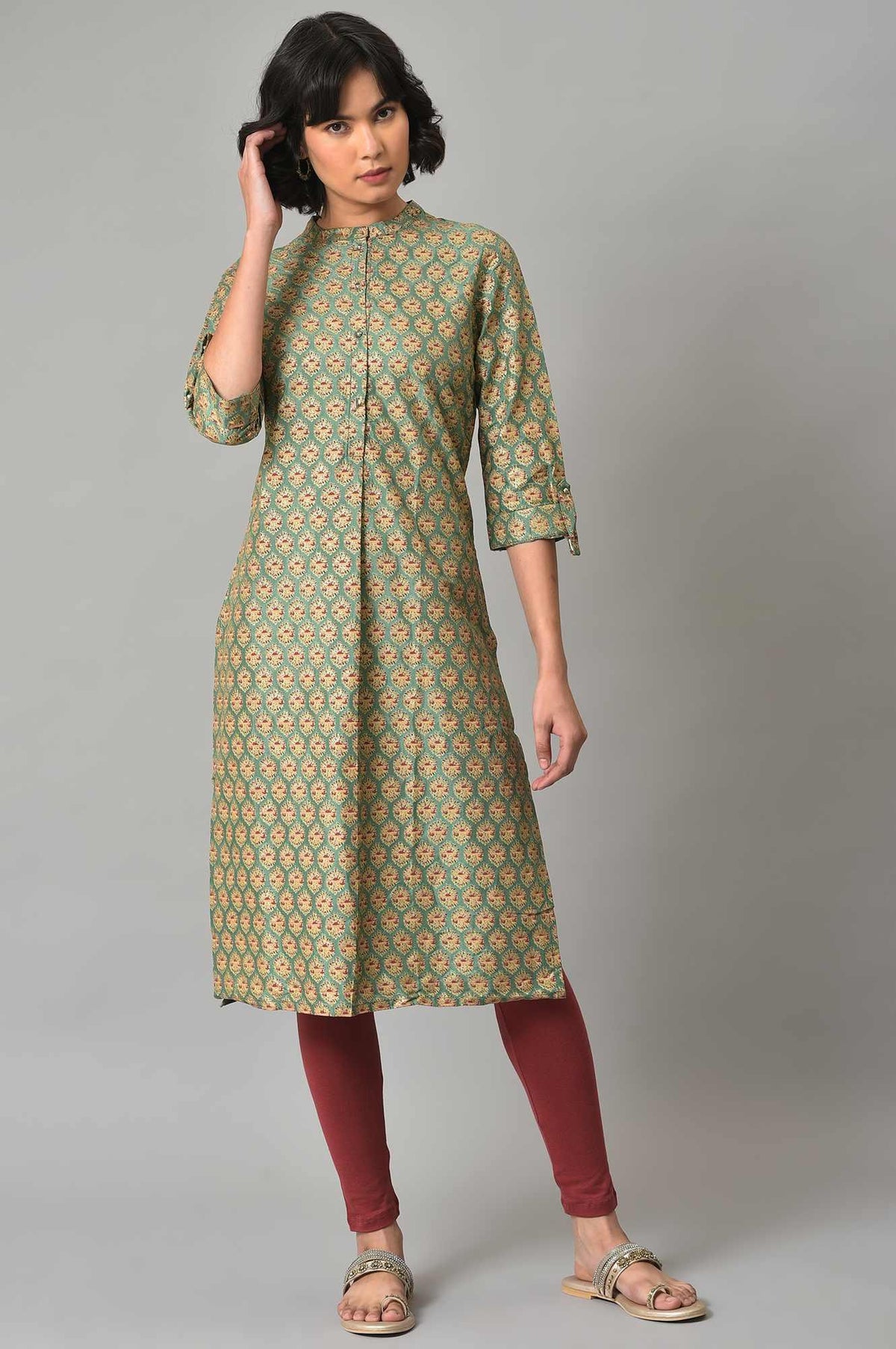 Light Green Shirt kurta With Red Tights - XS
