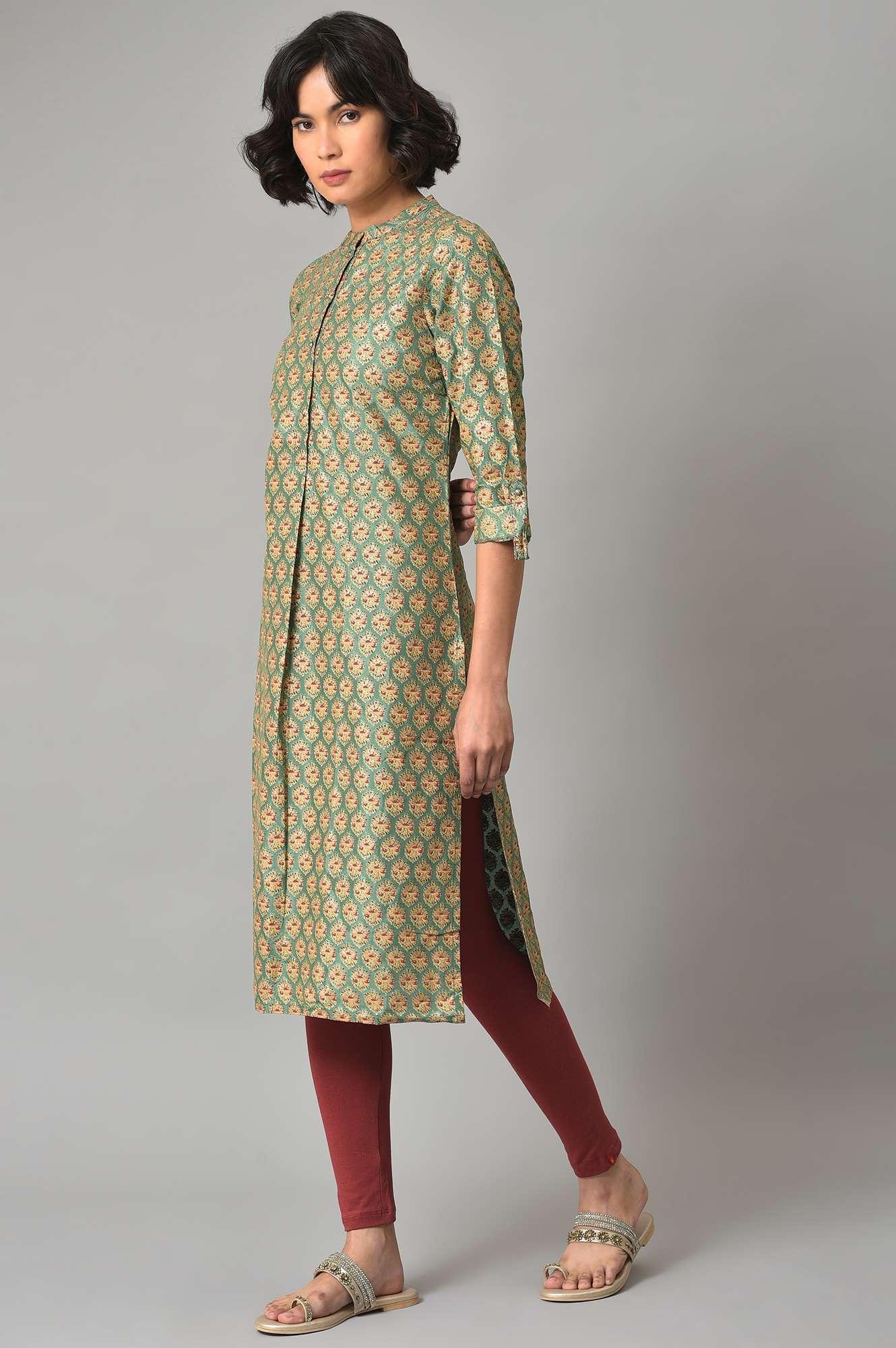 Light Green Shirt kurta With Red Tights - wforwoman