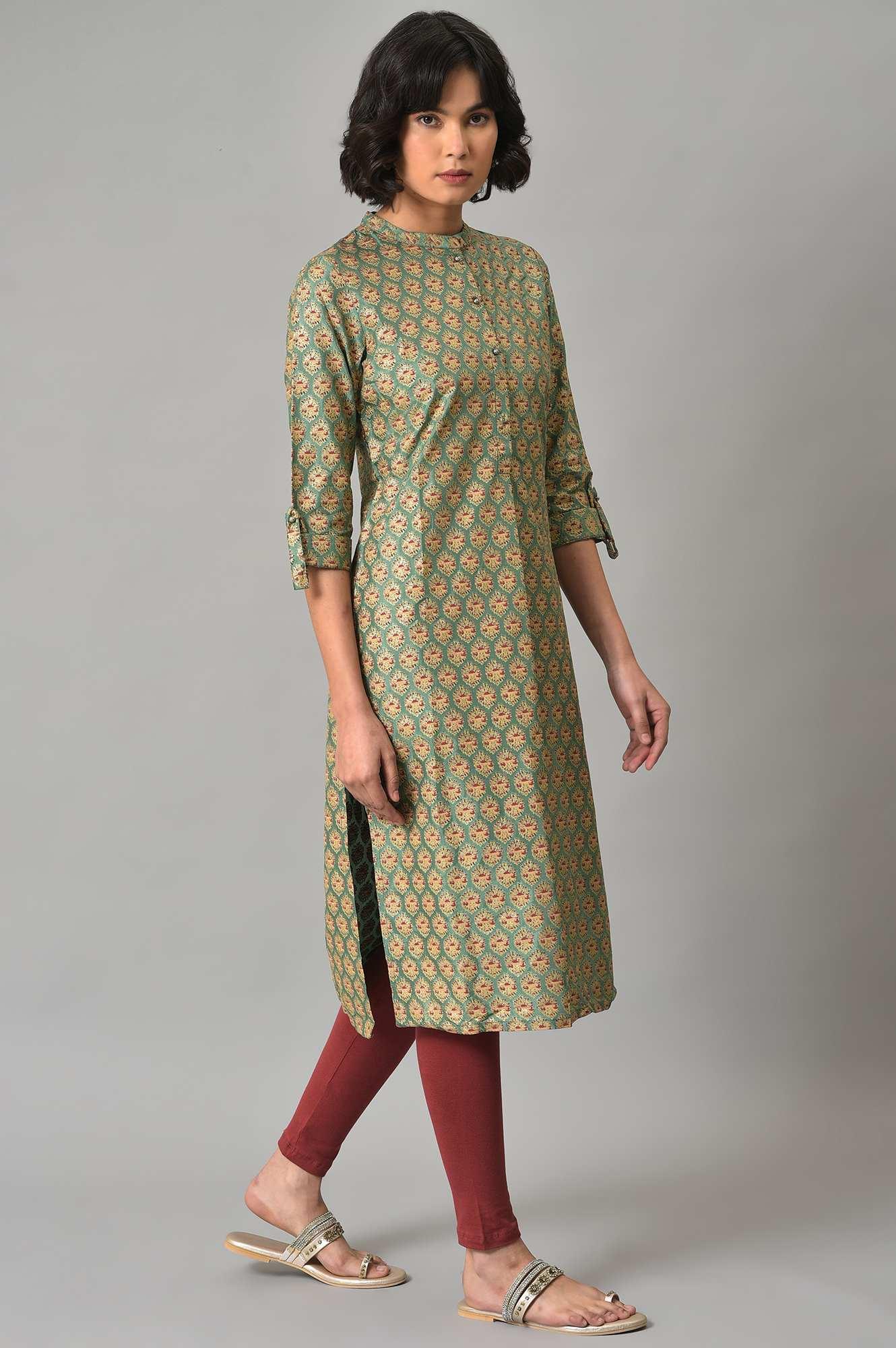 Light Green Shirt kurta With Red Tights - wforwoman