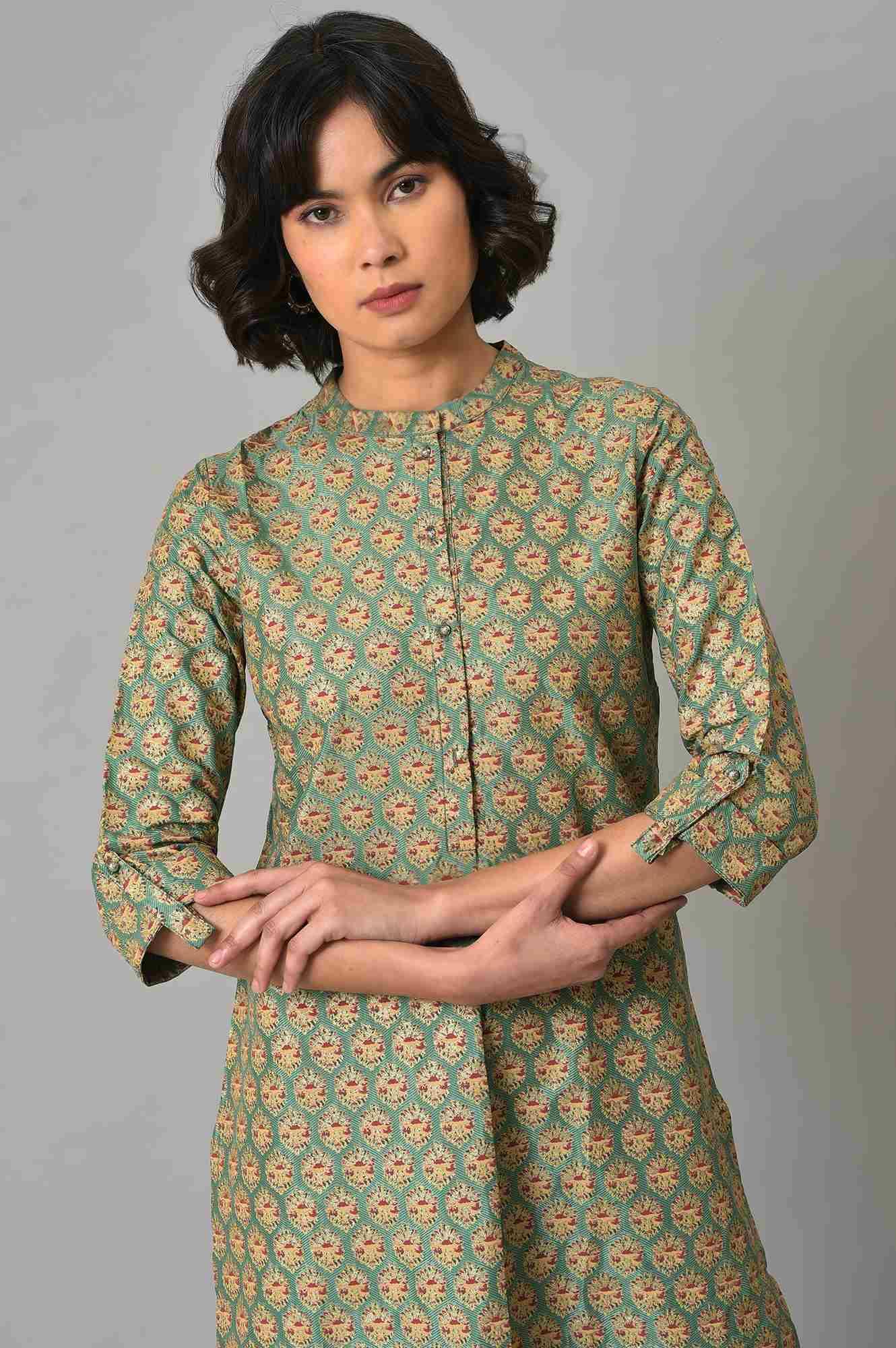 Light Green Shirt kurta With Red Tights - wforwoman