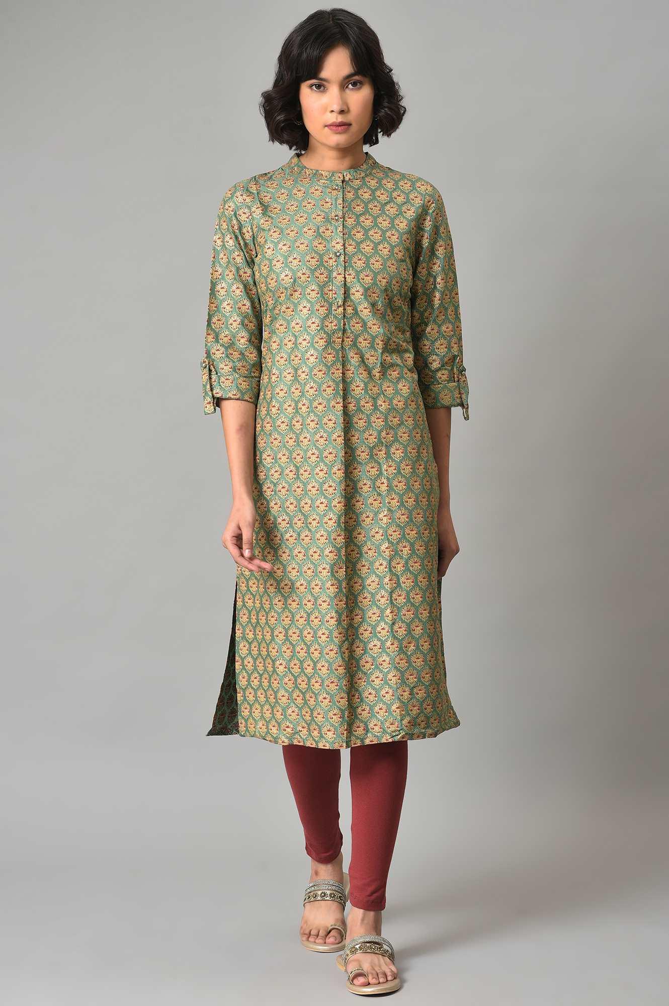Light Green Shirt kurta With Red Tights - wforwoman