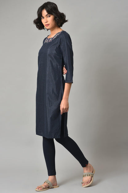 Dark Blue Embroidered kurta With Tights - wforwoman