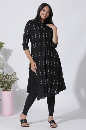 Black Printed Asymmetrical Kurta And Tights Set - XS
