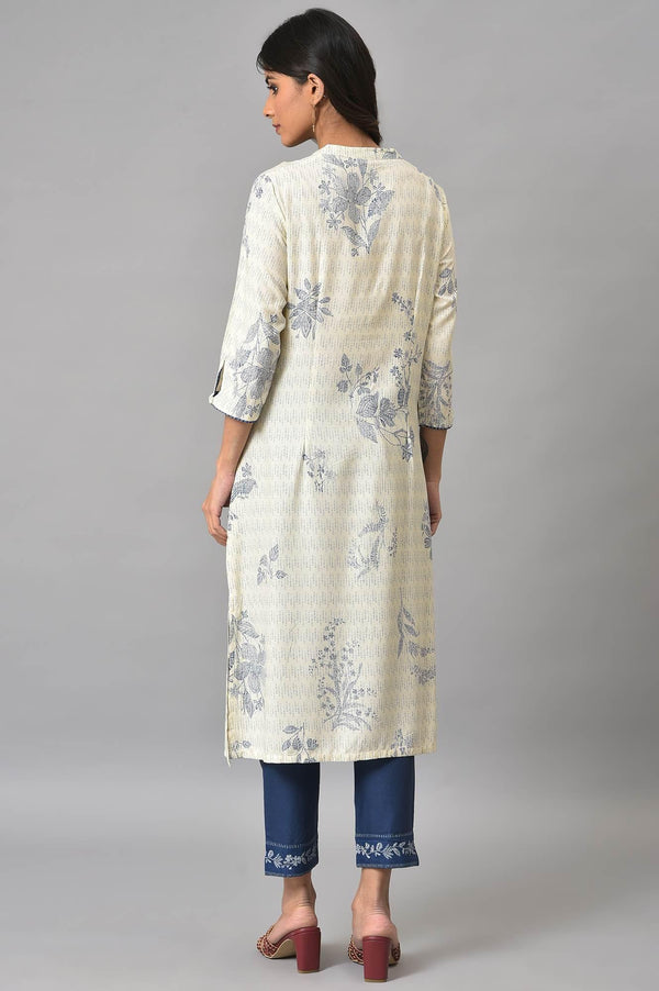 Ecru Floral Printed kurta With Blue Slim Pants