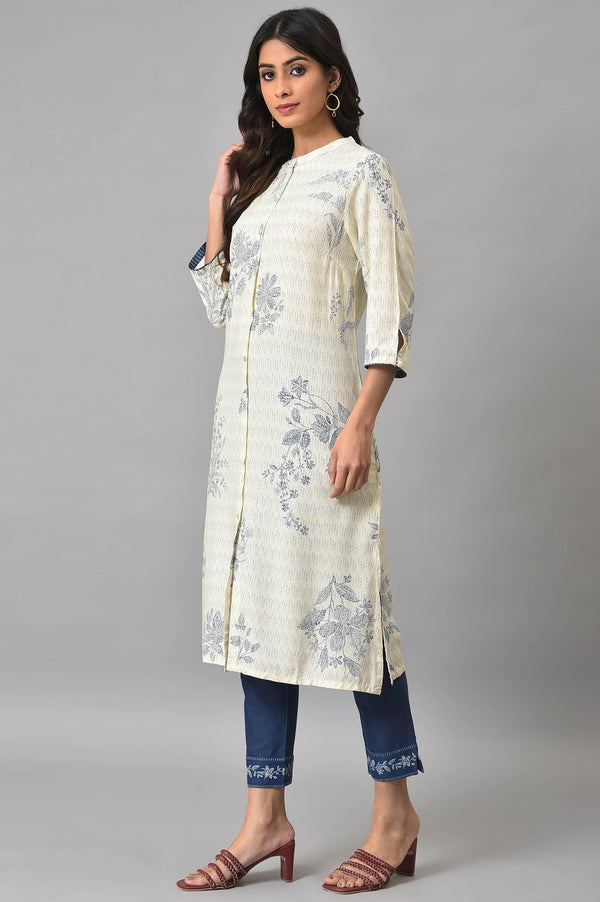 Ecru Floral Printed kurta With Blue Slim Pants