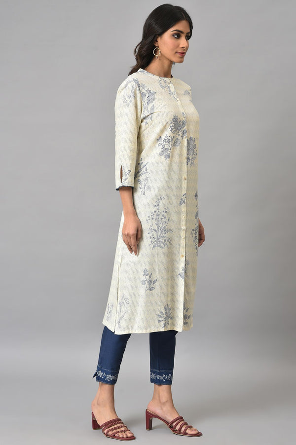 Ecru Floral Printed kurta With Blue Slim Pants