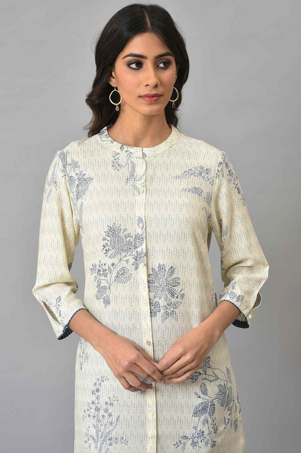 Ecru Floral Printed kurta With Blue Slim Pants