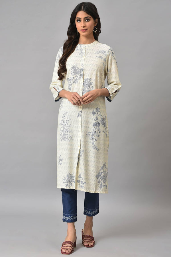 Ecru Floral Printed kurta With Blue Slim Pants