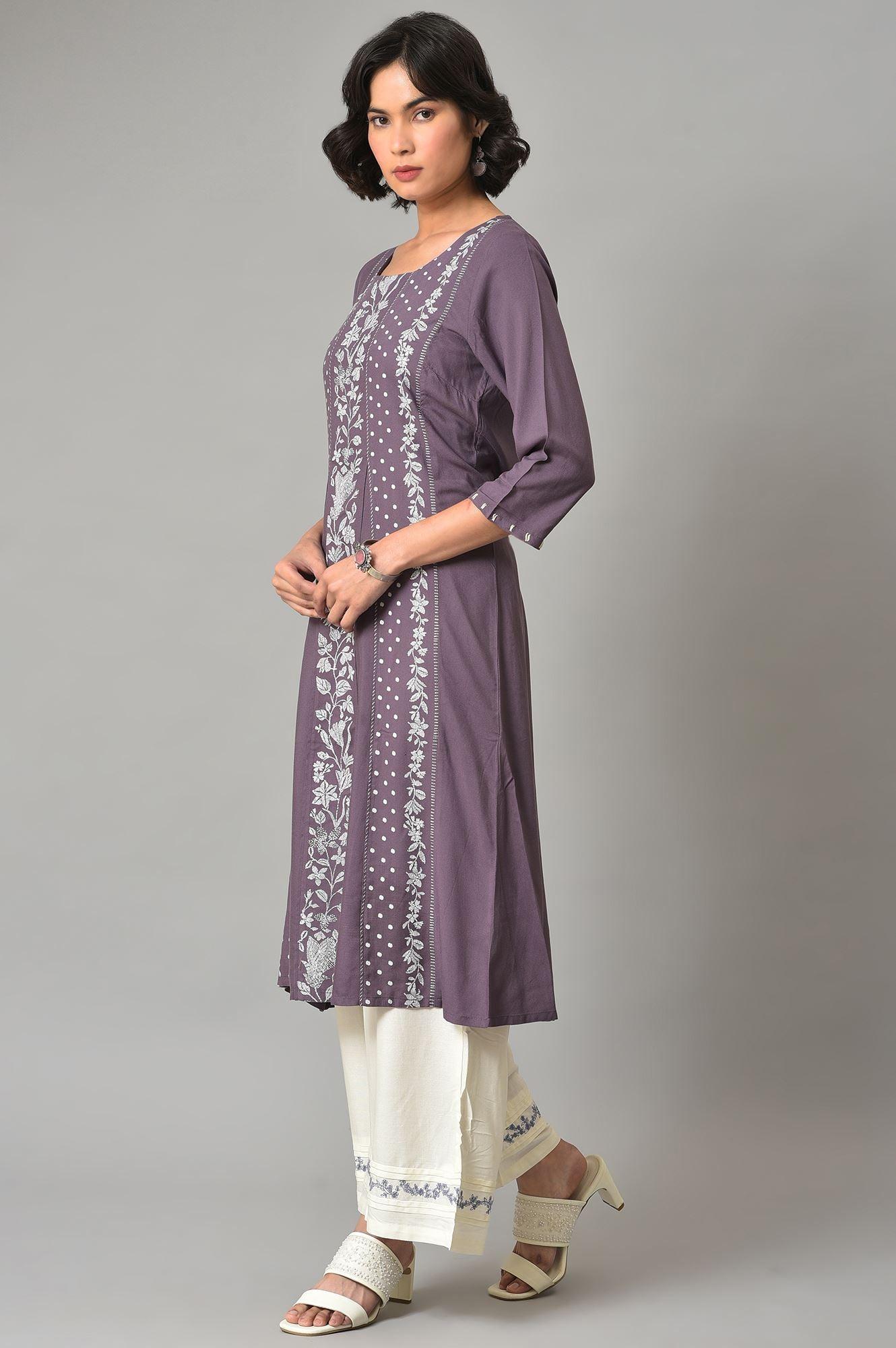 Dusky Purple Floral Printed kurta With Ecru Parallel Pants And Printed Dupatta - wforwoman