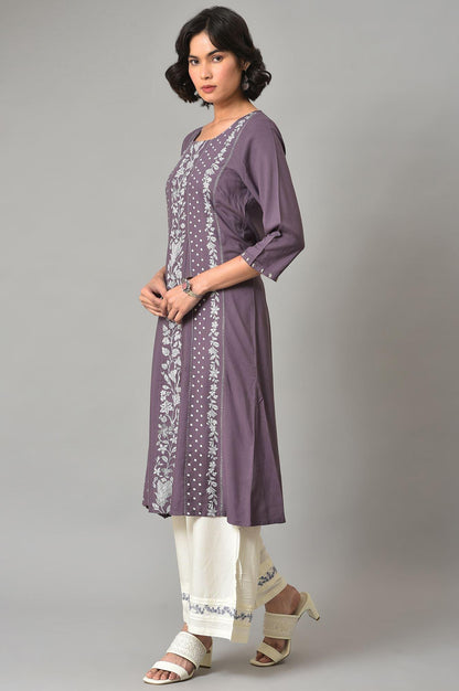 Dusky Purple Floral Printed kurta With Ecru Parallel Pants And Printed Dupatta - wforwoman